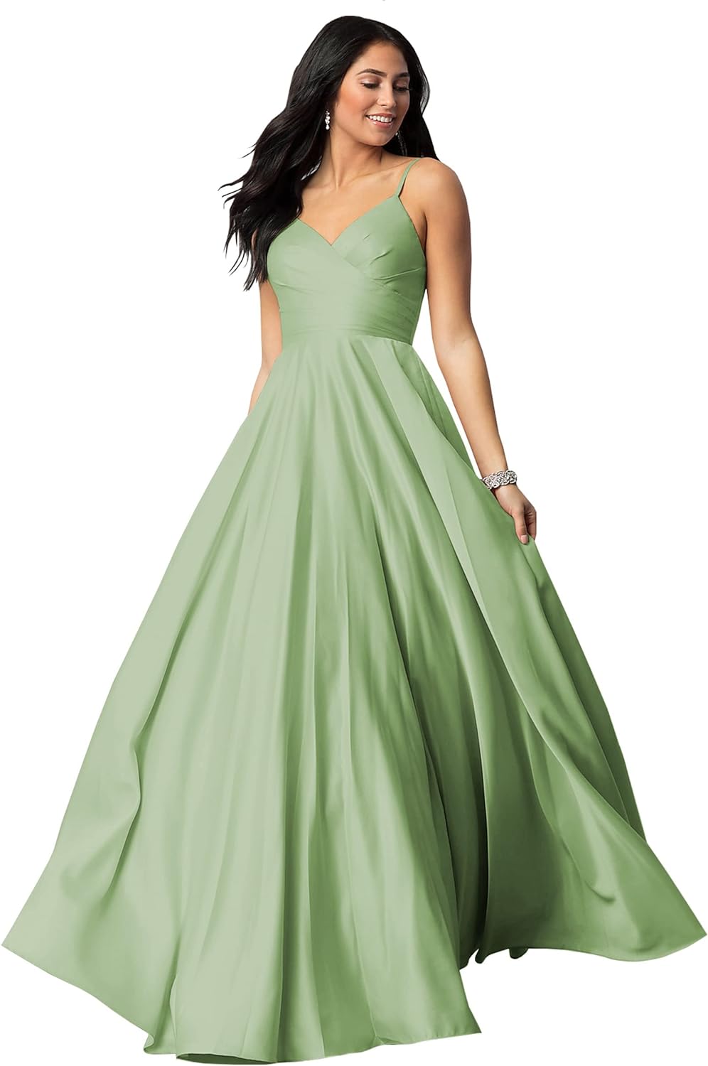 Women's Spaghetti Straps Satin Prom Dresses with Pockets V Neck Pleated Formal Evening Ball Gowns