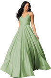 Women's Spaghetti Straps Satin Prom Dresses with Pockets V Neck Pleated Formal Evening Ball Gowns