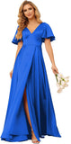 Women's V Neck Ruffle Sleeves Bridesmaid Dresses with Slit 2025 Satin A-Line Formal Evening Gowns
