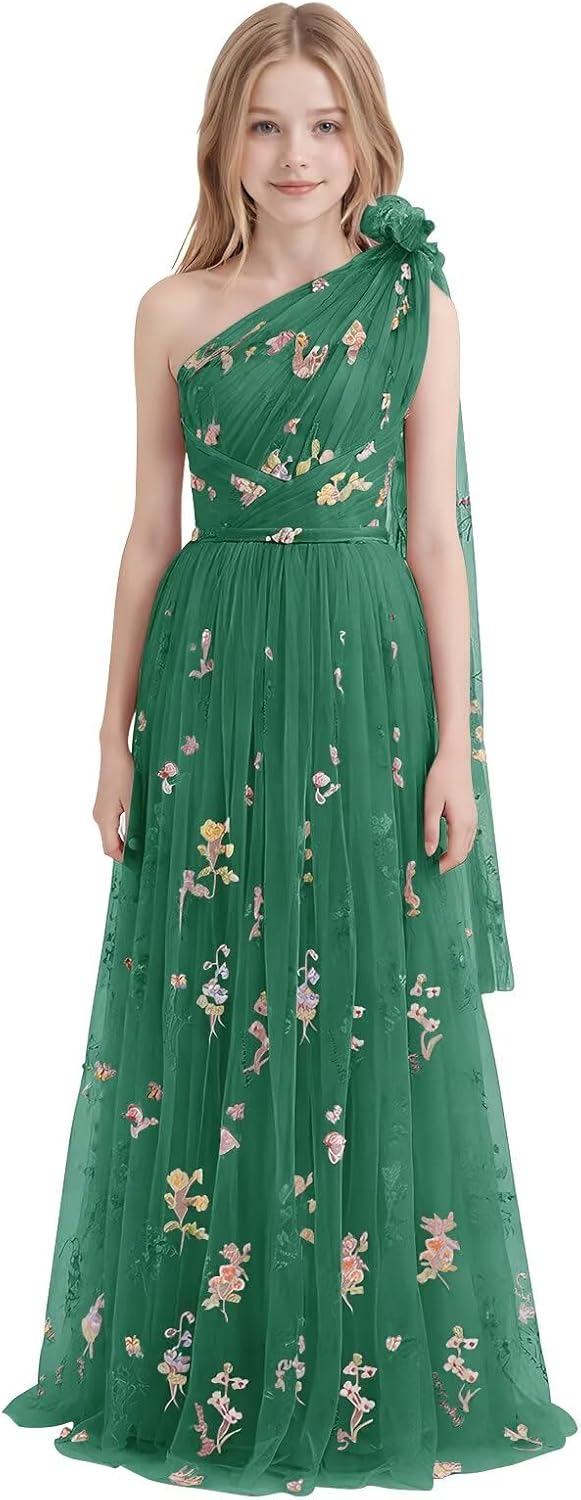 One Shoulder Long Tulle Junior Bridesmaid Dresses for Wedding Flower Girl Dress Formal Prom Gown