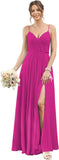 Vestidos de dama de honor largos con tirantes finos y bolsillos, plisados, formales, de noche, con abertura 