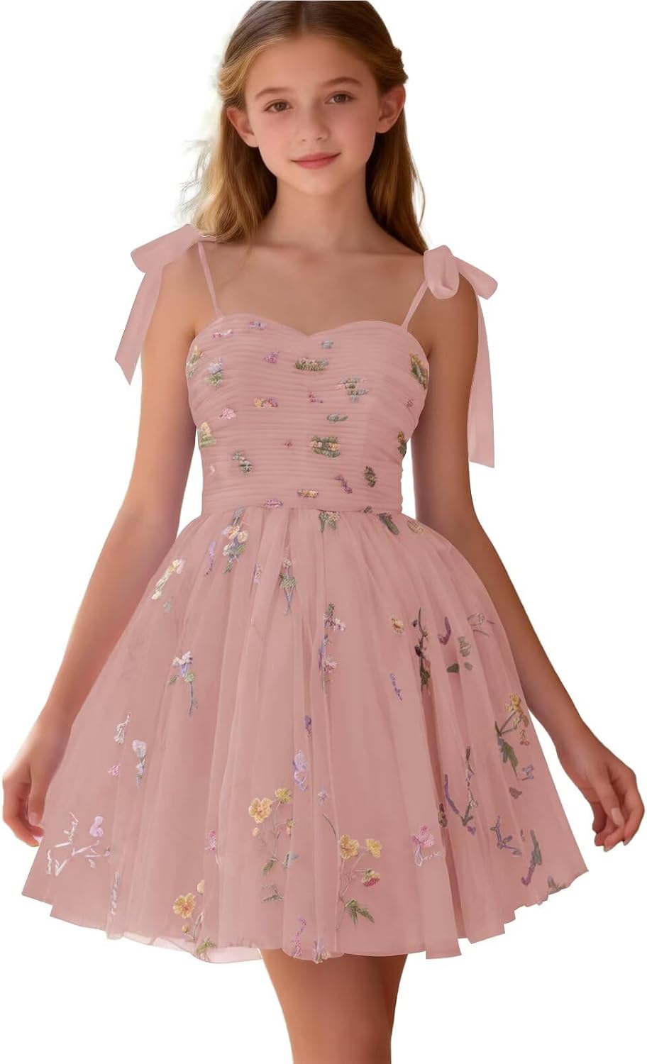Floral Embroidery Junior Bridesmaid Dress Tulle Sweetheart Neck Girls Prom Dresses Fairy Short Formal Flower Girl Gown
