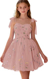 Floral Embroidery Junior Bridesmaid Dress Tulle Sweetheart Neck Girls Prom Dresses Fairy Short Formal Flower Girl Gown