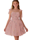 Floral Embroidery Junior Bridesmaid Dress Tulle Sweetheart Neck Girls Prom Dresses Fairy Short Formal Flower Girl Gown