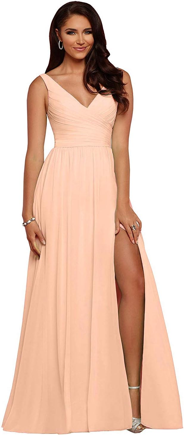 V Neck Chiffon Bridesmaid Dresses for Wedding 2027 Long Pleated Sleeveless Formal Prom Evening Gowns with Slit