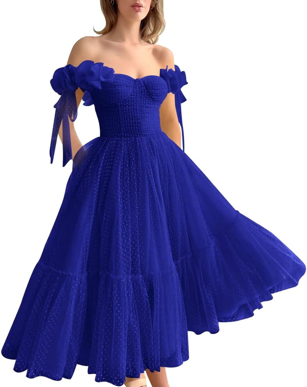 Dotted Tulle Off Shoulder Prom Dress for Women Sweetheart Midi Puffy Formal Party Gowns