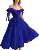 Dotted Tulle Off Shoulder Prom Dress for Women Sweetheart Midi Puffy Formal Party Gowns