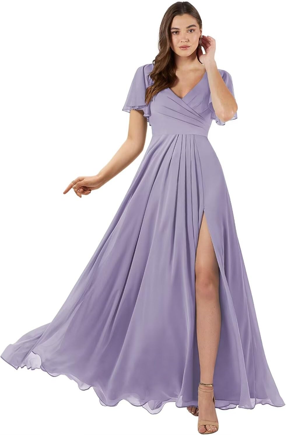 Damen Brautjungfernkleider mit Flatterärmeln, lang, mit Schlitz, V-Ausschnitt, Chiffon, formelle Kleider 