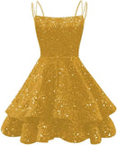 Spaghetti Straps Sequin Homecoming Dresses for Teens Sparkly Tiered Short Prom Dress 2026 Mini Cocktail Party Gown
