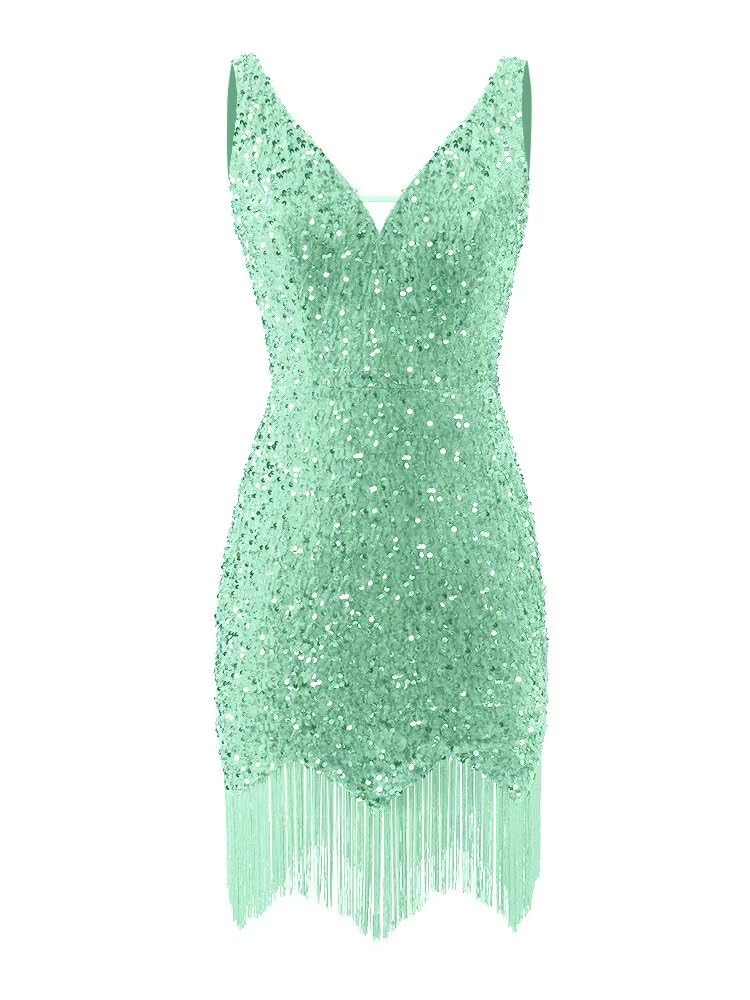 Kingbridal Gowns V Neck Sequin Homecoming Dresses for Teens 2027 Sparkly Tight Short Prom Cocktail Party Gowns with Tassels