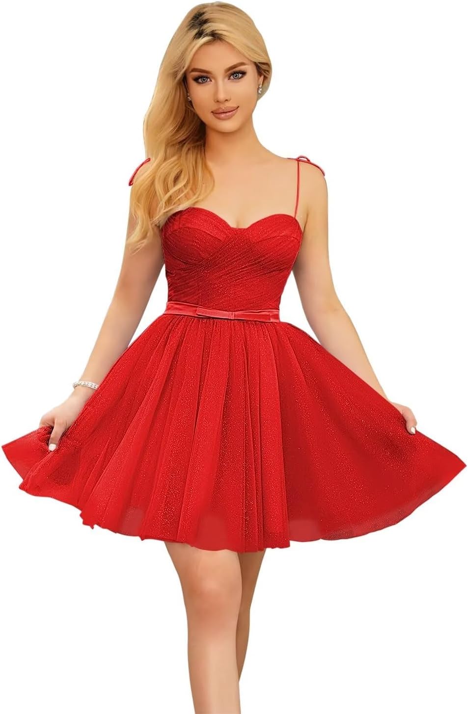 Vestidos cortos de tul brillante para adolescentes, con tirantes finos y corte en A, para fiesta de graduación.