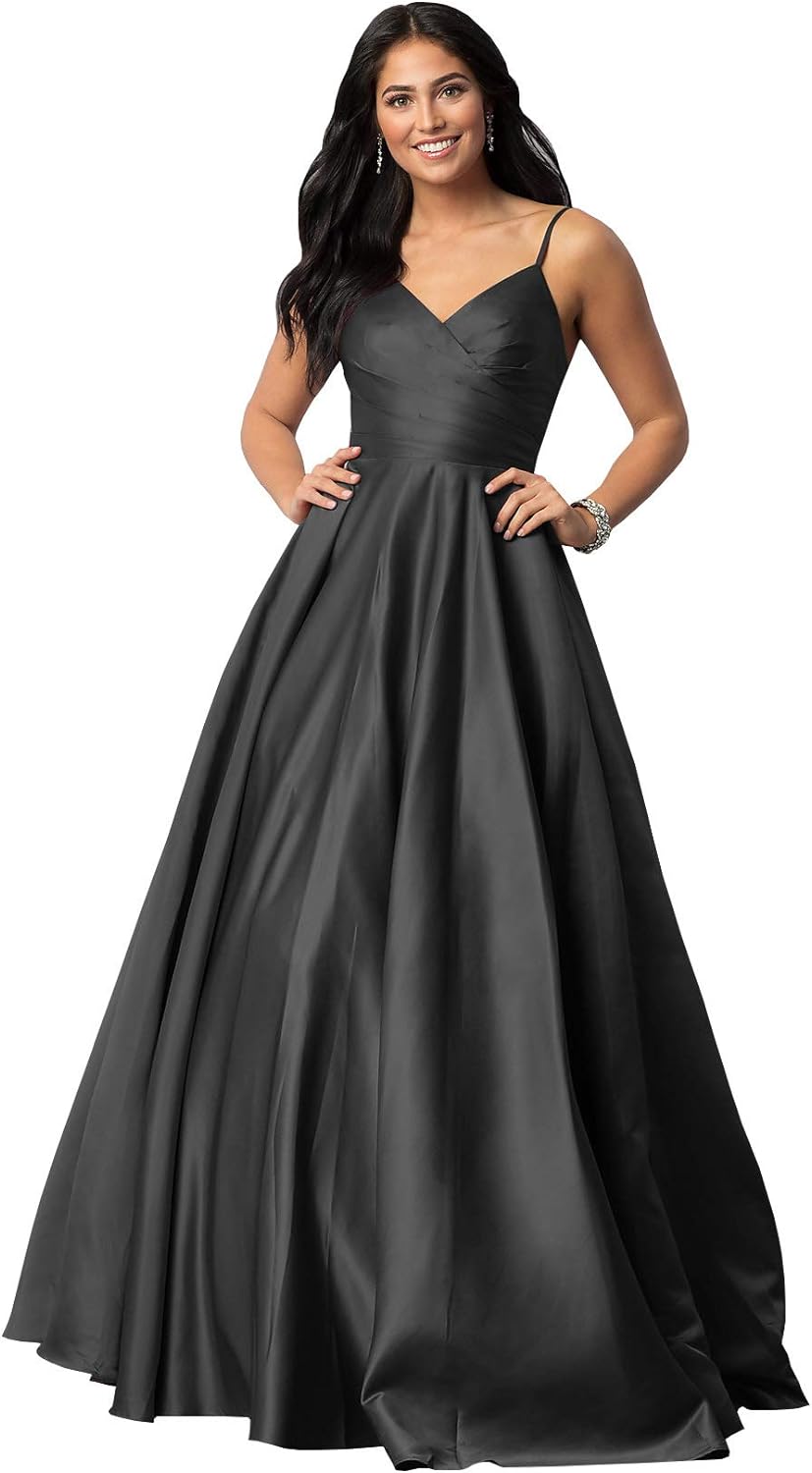 Women's Spaghetti Straps Satin Prom Dresses with Pockets V Neck Pleated Formal Evening Ball Gowns