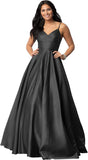 Women's Spaghetti Straps Satin Prom Dresses with Pockets V Neck Pleated Formal Evening Ball Gowns