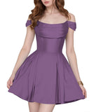 Satin Homecoming Dresses Short Wedding Dresses 2026 Off Shoulder Prom Dress with Pockets A Line Formal Party Gown