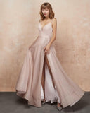 Women's Glittery Spaghetti V-Neck Prom Dresses Long Side Split Formal Evening Gowns