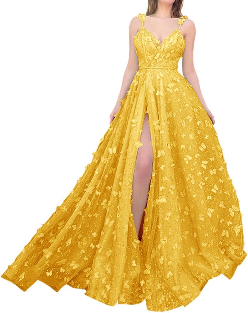 Sparkly Prom Dresses for Teens 2027 3D Butterfly Tulle Spaghetti Straps Long Slit Backless Party Gowns