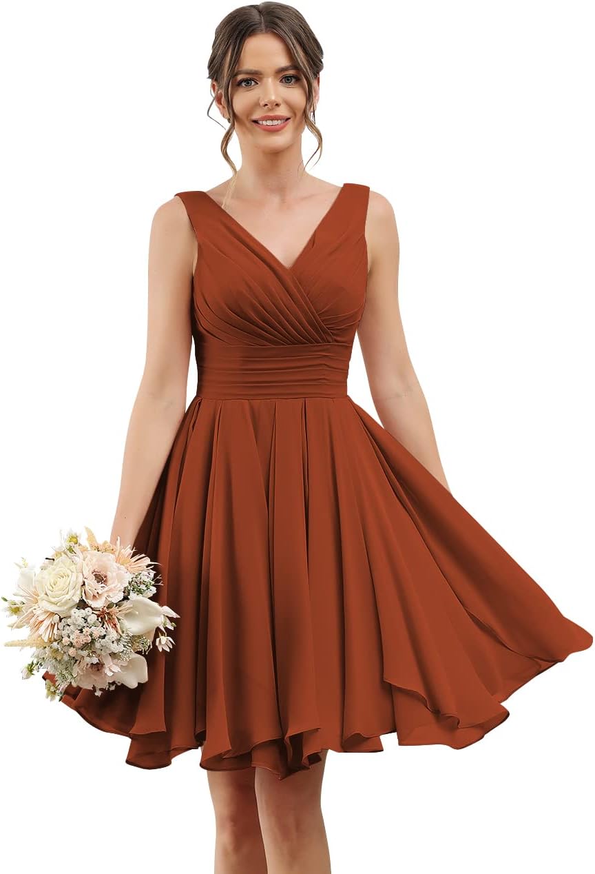 Double V Neck Short Bridesmaid Dresses for Women 2025 Chiffon A Line Formal Evening Gowns with Pockets