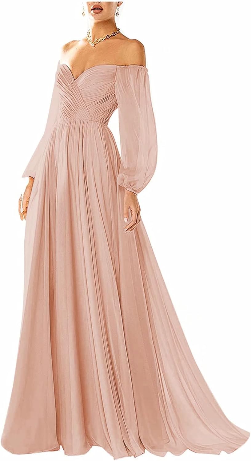 Vestido de fiesta con hombros descubiertos, manga larga, estilo formal, plisado, corte A, para mujer