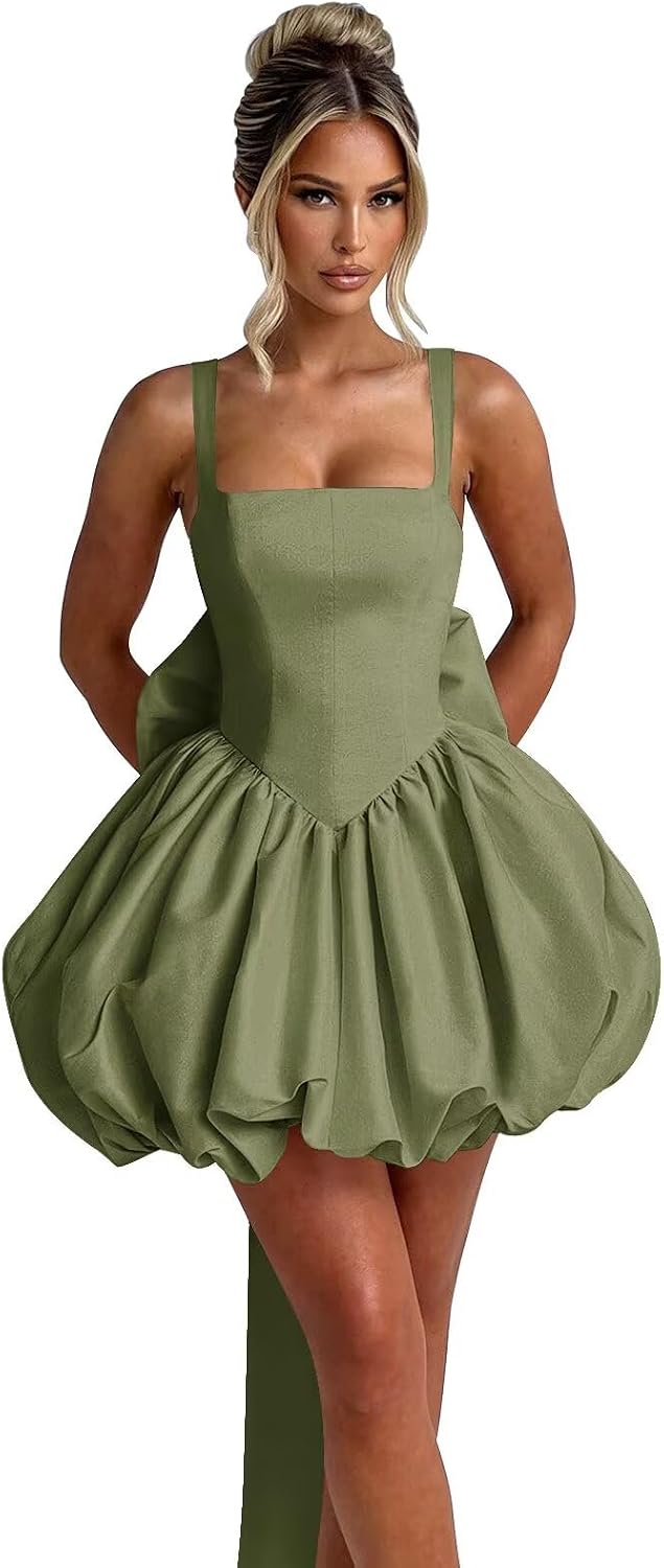 Puffy Satin Homecoming Dresses Mini A-line Short Prom Dress with Bow Cocktail Party Gown