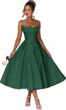 Jacquard Floral Satin Prom Dresses for Women 2026 Spaghetti Straps A-Line Midi Formal Evening Party Gown with Pockets