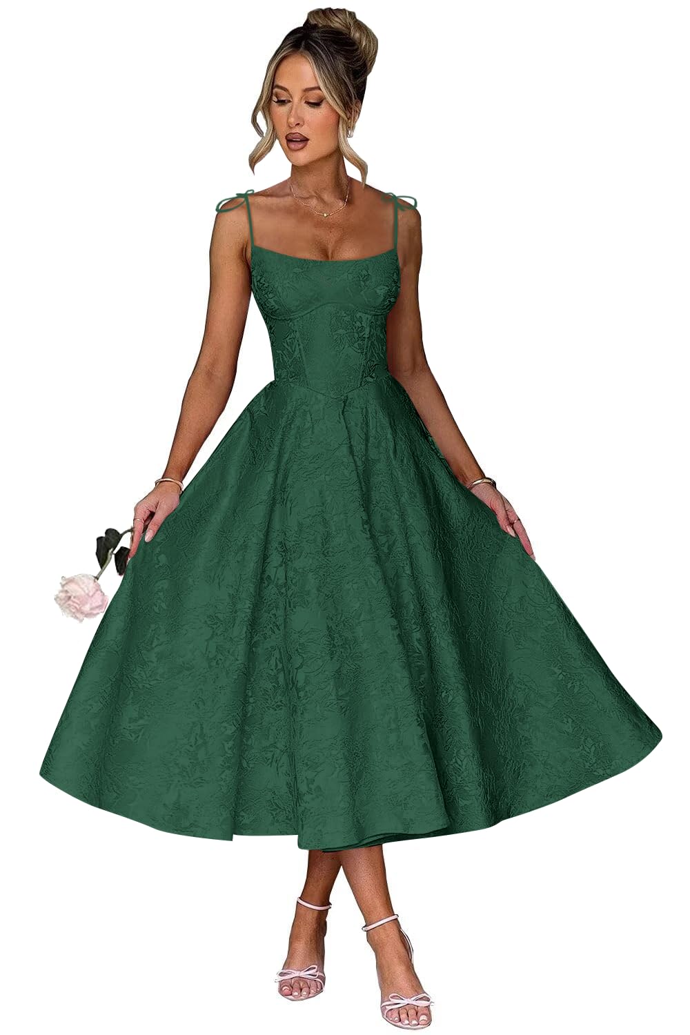 Jacquard Floral Satin Prom Dresses for Women 2026 Spaghetti Straps A-Line Midi Formal Evening Party Gown with Pockets