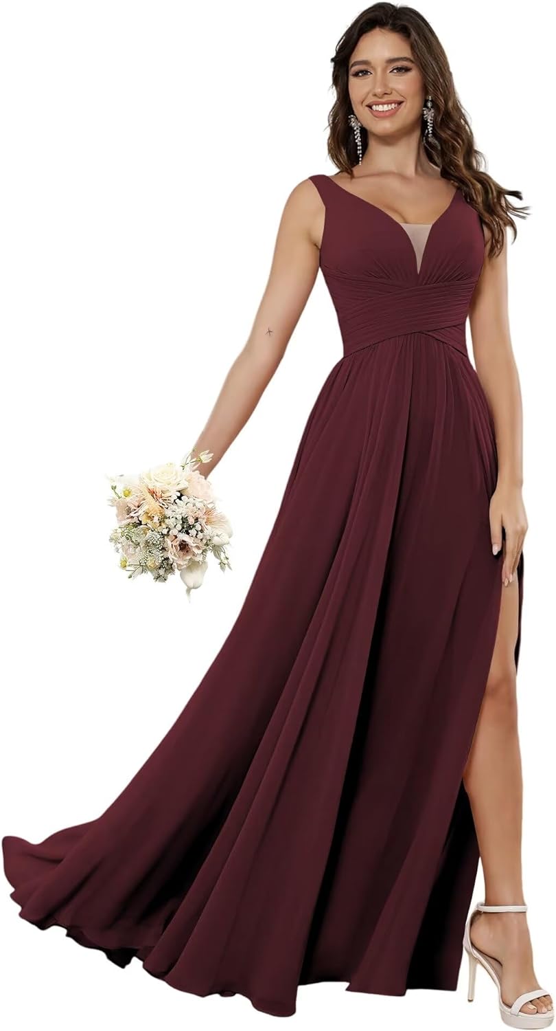Vestidos de dama de honor sencillos de gasa para mujer con bolsillos, vestidos formales largos con escote en V y abertura 