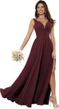 Vestidos de dama de honor sencillos de gasa para mujer con bolsillos, vestidos formales largos con escote en V y abertura 