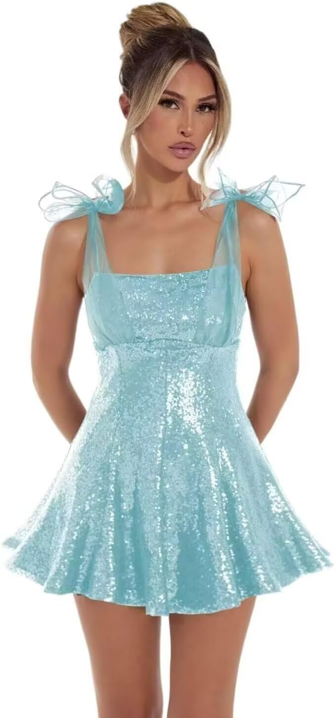 Sparkly Sequin Homecoming Dresses for Teens 2027 Spaghetti Strap Short Prom Dress with Bow Glitter Tulle Cocktail Party Gown