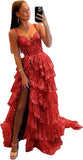 Vestido de fiesta de tul con encaje y capas, tirantes finos y abertura larga, corsé brillante, vestidos formales de fiesta de noche 