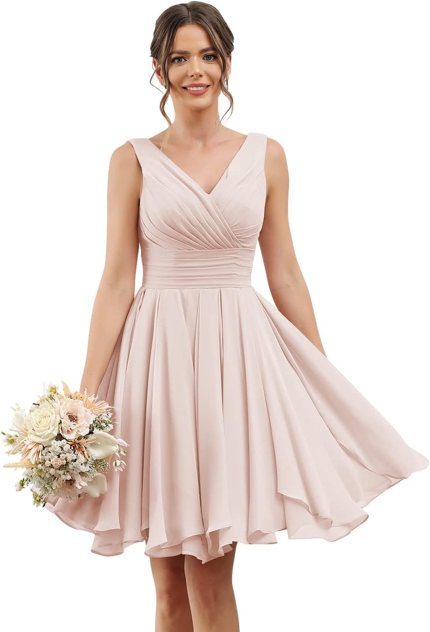 Double V Neck Short Bridesmaid Dresses for Women 2025 Chiffon A Line Formal Evening Gowns with Pockets