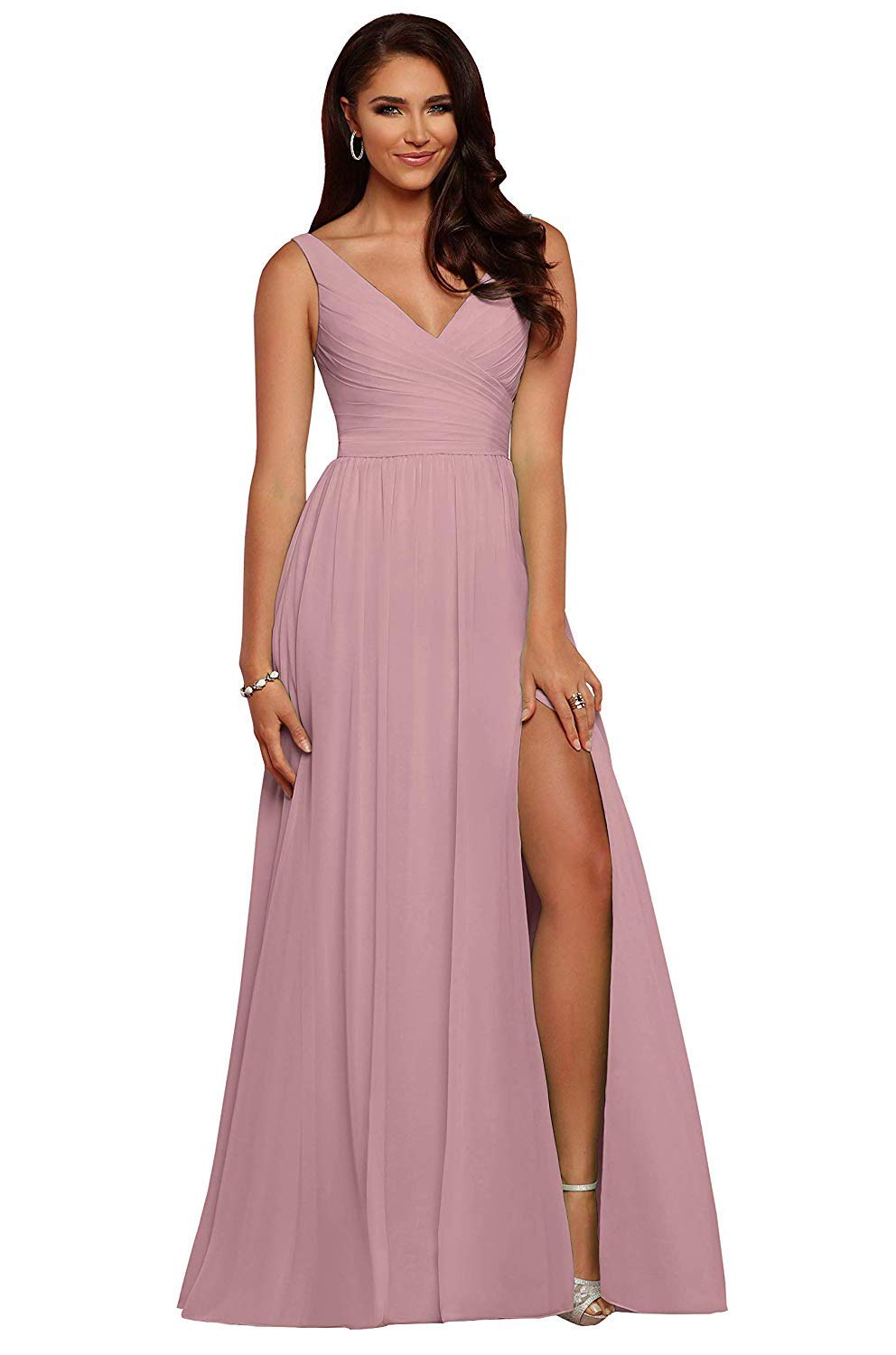 V Neck Chiffon Bridesmaid Dresses for Wedding 2027 Long Pleated Sleeveless Formal Prom Evening Gowns with Slit