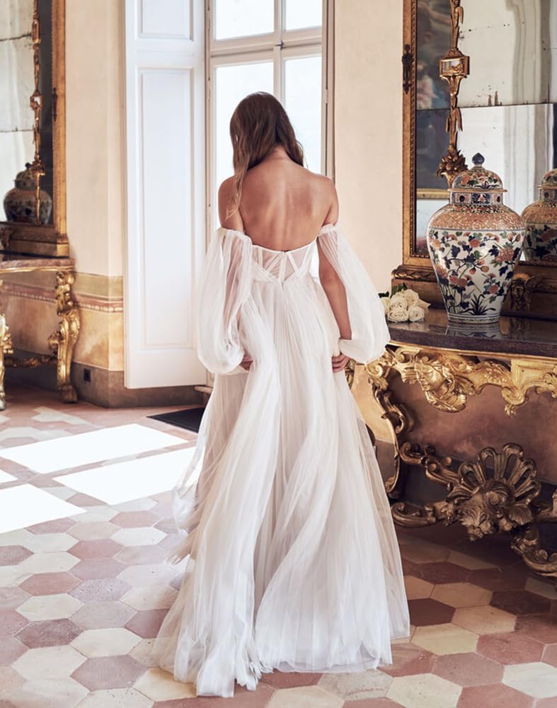 Women's Puffy Long Sleeve Prom Dresses with Slit Off Shoulder Tulle Wedding Formal Evening Gowns