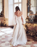 Women's Puffy Long Sleeve Prom Dresses with Slit Off Shoulder Tulle Wedding Formal Evening Gowns
