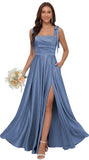 Satin Bridesmaid Dresses with Slit Spaghetti Straps Square Neck Long Formal Dress