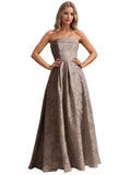 Jacquard Floral Prom Dresses Strapless Maxi Evening Gowns A-Line Ruched Formal Party Dress Elegant