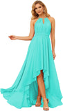 Damen Neckholder Brautjungfernkleider Lang mit Taschen High-Low Falten Formelles Kleid für Hochzeit 