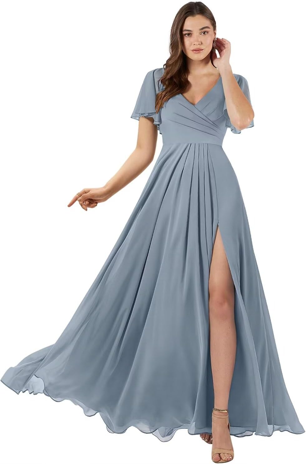 Damen Brautjungfernkleider mit Flatterärmeln, lang, mit Schlitz, V-Ausschnitt, Chiffon, formelle Kleider 
