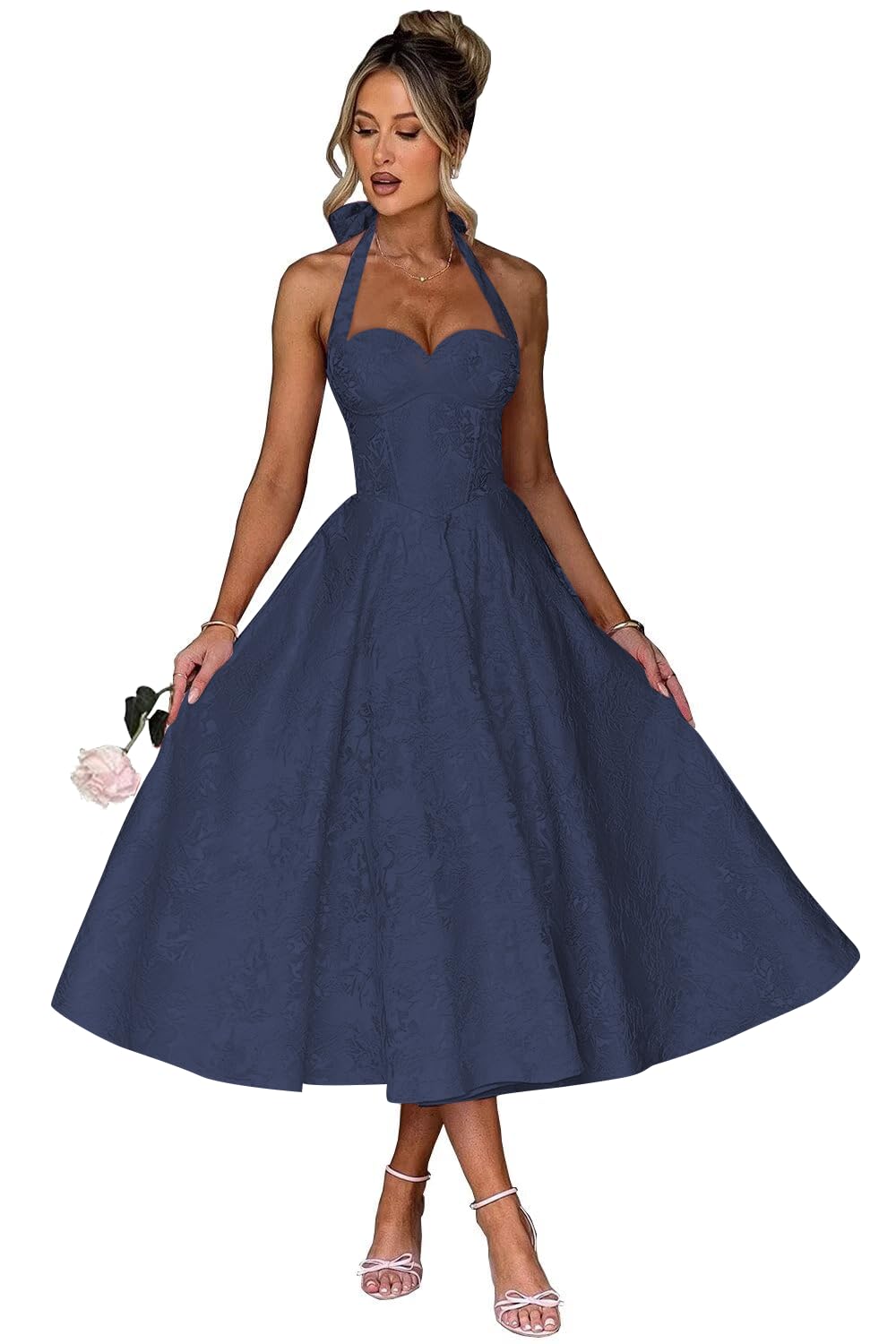 Jacquard Satin Prom Dresses for Women Vintage A-Line Midi Halter Sweetheart Formal Evening Party Gowns with Pockets