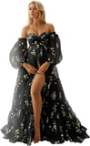 Flower Embroidery Tulle Maternity Dresses for Photoshoot Long Puffy Sleeve Off Shoulder Pregnancy Baby Shower Dress