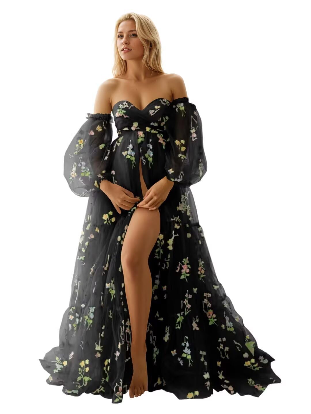 Kingbridal Gowns Flower Embroidery Tulle Maternity Dresses for Photoshoot Long Puffy Sleeve Off Shoulder Pregnancy Baby Shower Dress
