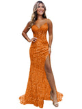 Sparkly Sequin Prom Dresses for Teens 2026 V Neck Glitter Applique Mermaid Formal Evening Gown with Slit