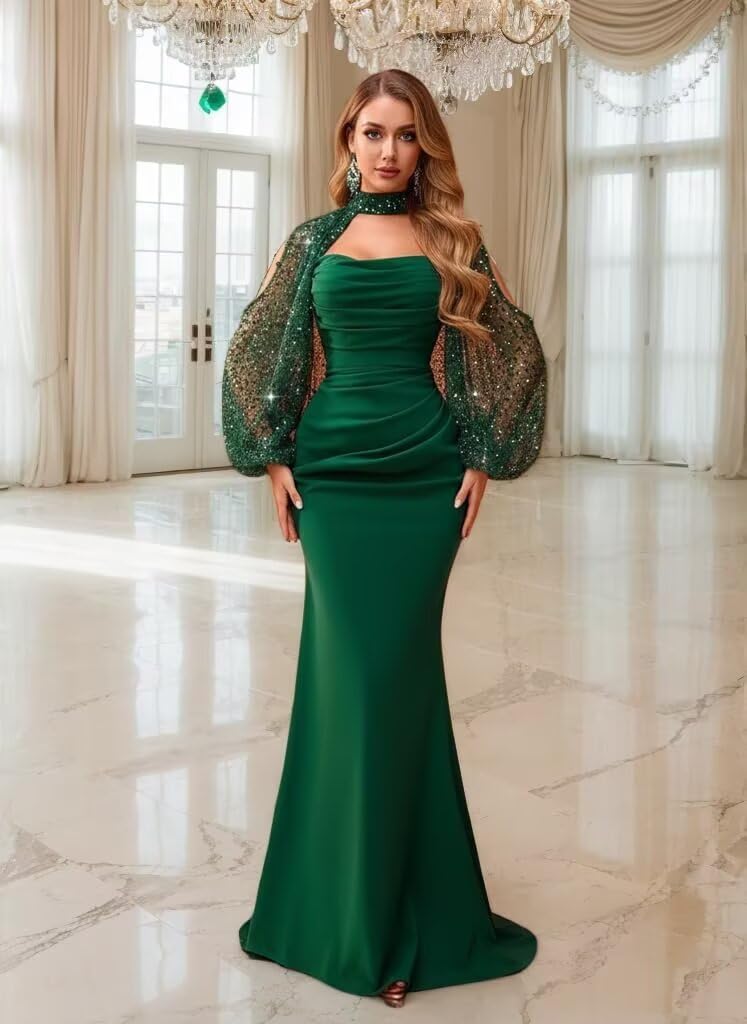 Kingbridal Gowns Long Sleeve Prom Dresses 2026 Mermaid Satin Formal Dress for Women Sparkly Sequin Halter Neck Evening Party Gowns