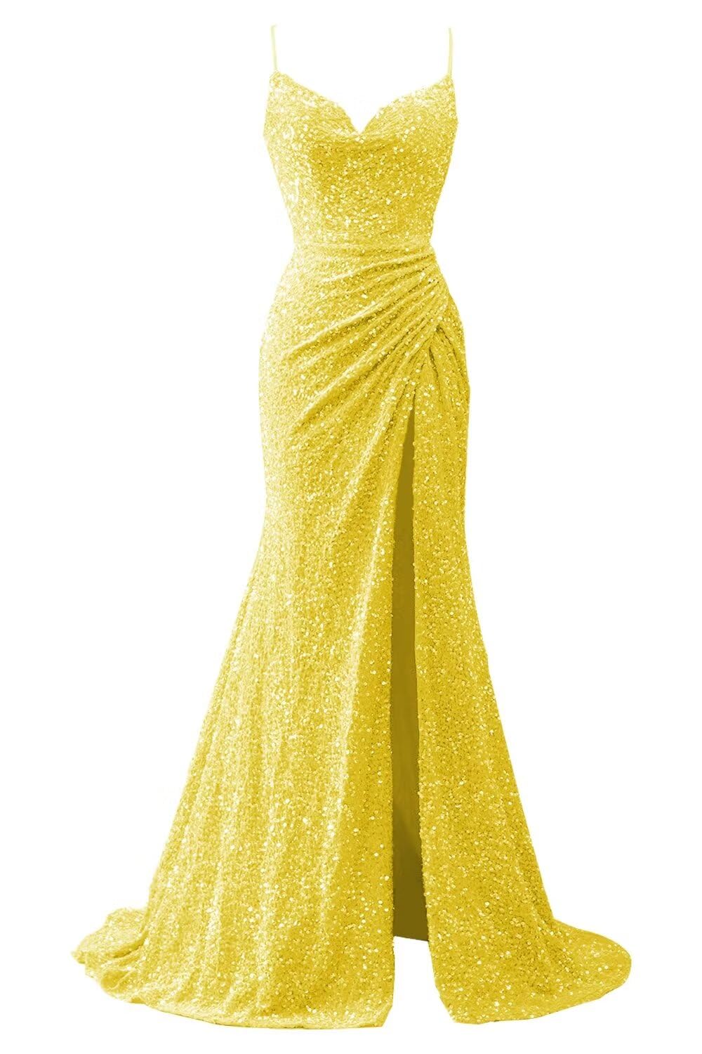 Spaghetti Straps Sequin Prom Dresses for Women 2027 Mermaid Ruched Formal Dress with Slit Sparkly Evening Party Gown