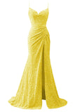 Spaghetti Straps Sequin Prom Dresses for Women 2027 Mermaid Ruched Formal Dress with Slit Sparkly Evening Party Gown