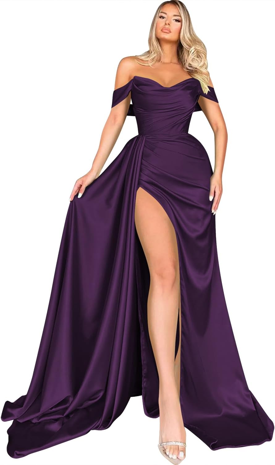 Women's Off Shoulder Mermaid Prom Dresses Long with Slit Pleates Wrap Satin Formal Evening Gowns