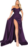 Women's Off Shoulder Mermaid Prom Dresses Long with Slit Pleates Wrap Satin Formal Evening Gowns