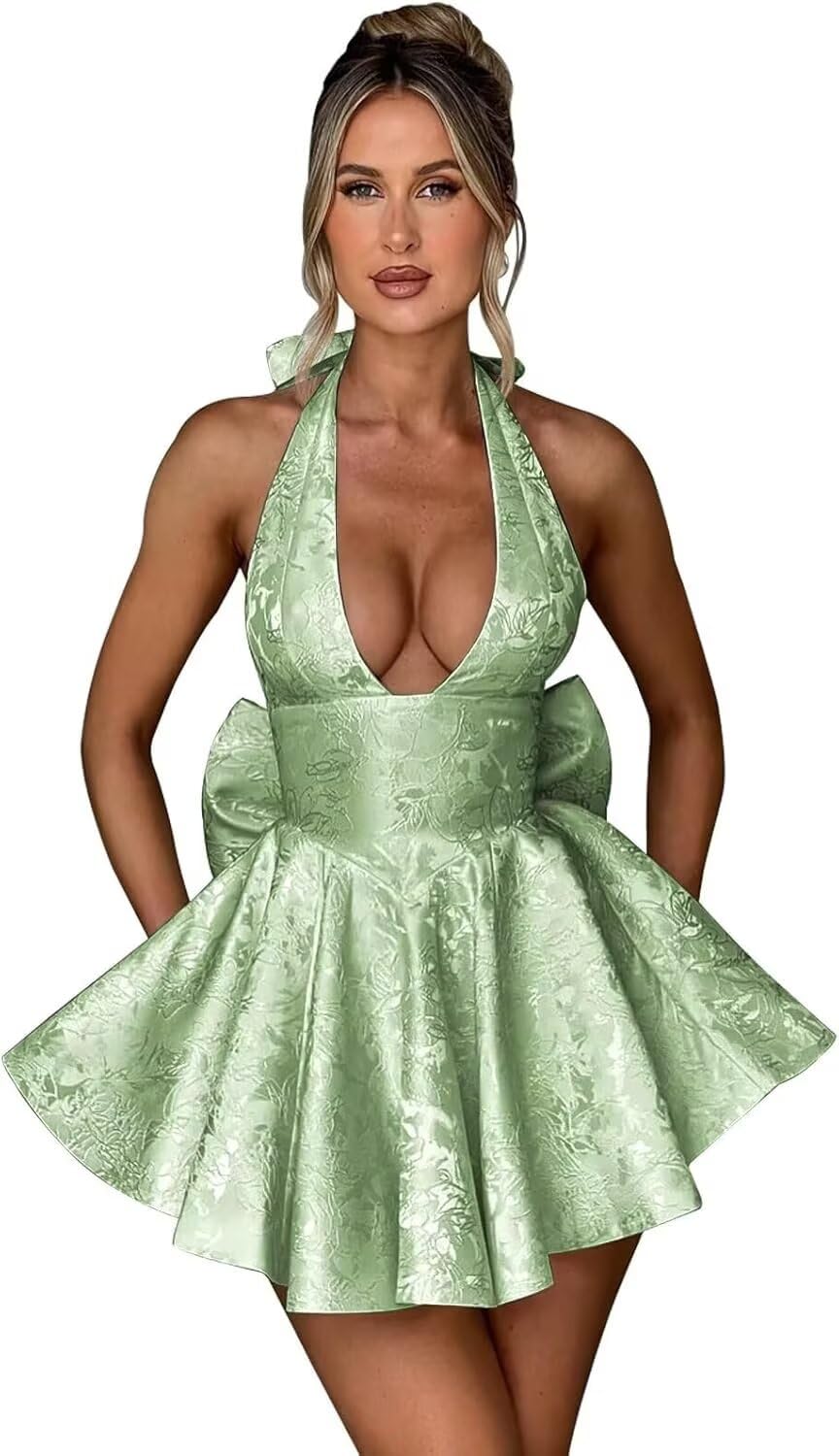 Satin Halter Homecoming Dresses for Teens 2027 V Neck Jacquard A-line Short Prom Cocktail Gowns with Bow