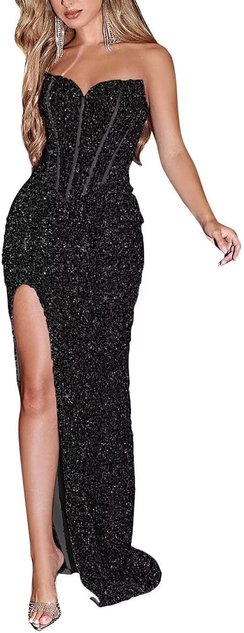 Sparkly Sequin Prom Dresses for Women 2025 Long Mermaid Strapless Glitter Formal Evening Prom Ball Gown with Slit