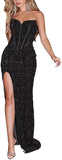 Sparkly Sequin Prom Dresses for Women 2025 Long Mermaid Strapless Glitter Formal Evening Prom Ball Gown with Slit