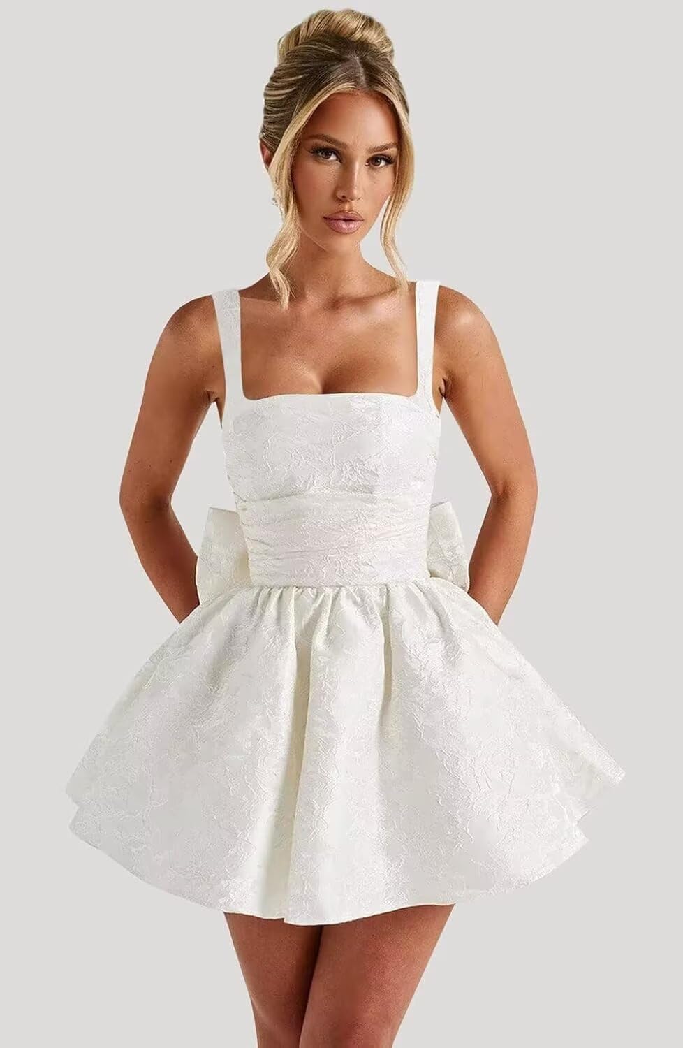 Jacquard Satin Homecoming Dresses for Teens Spaghetti Straps Short Prom Dress A-line Cocktail Party Gowns with Bow